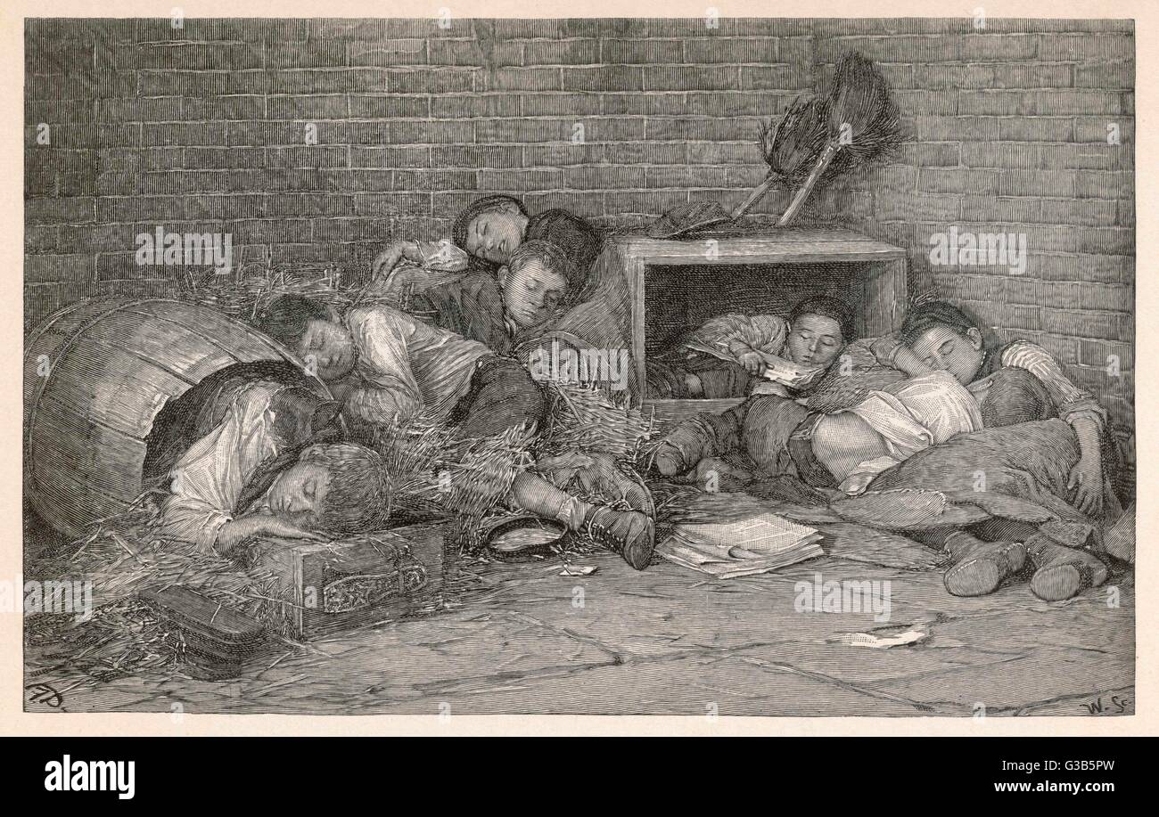A night scene in a New York  alley - supperless and  homeless boys bed down for the  night with boxes and straw.       Date: 1891 Stock Photo