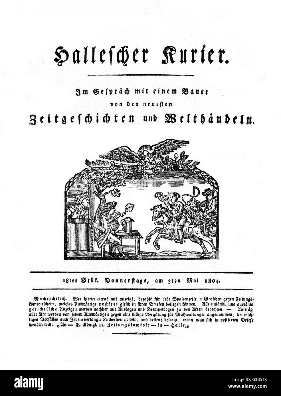 Front page of the HALLESCHE  KURIER, with a nice woodcut of  a courier blowing his horn as  he brings the news to the  patrons of a country tavern.      Date: 3 May 1804 Stock Photo