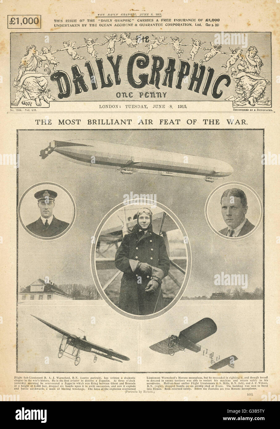Front page of the DAILY  GRAPHIC bringing readers  news  of 'the most brilliant air  feat of the war' - the downing  of a dreaded Zeppelin.      Date: 8 July 1915 Stock Photo