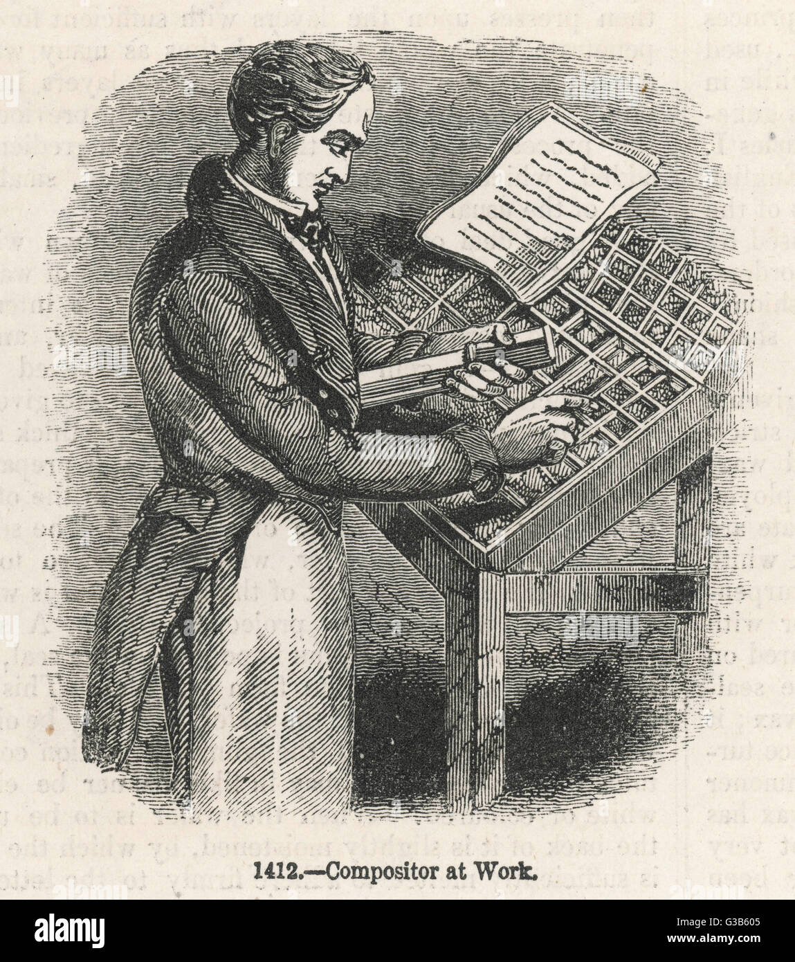 A compositor at work, setting the type for a book individual letter by individual letter, to say