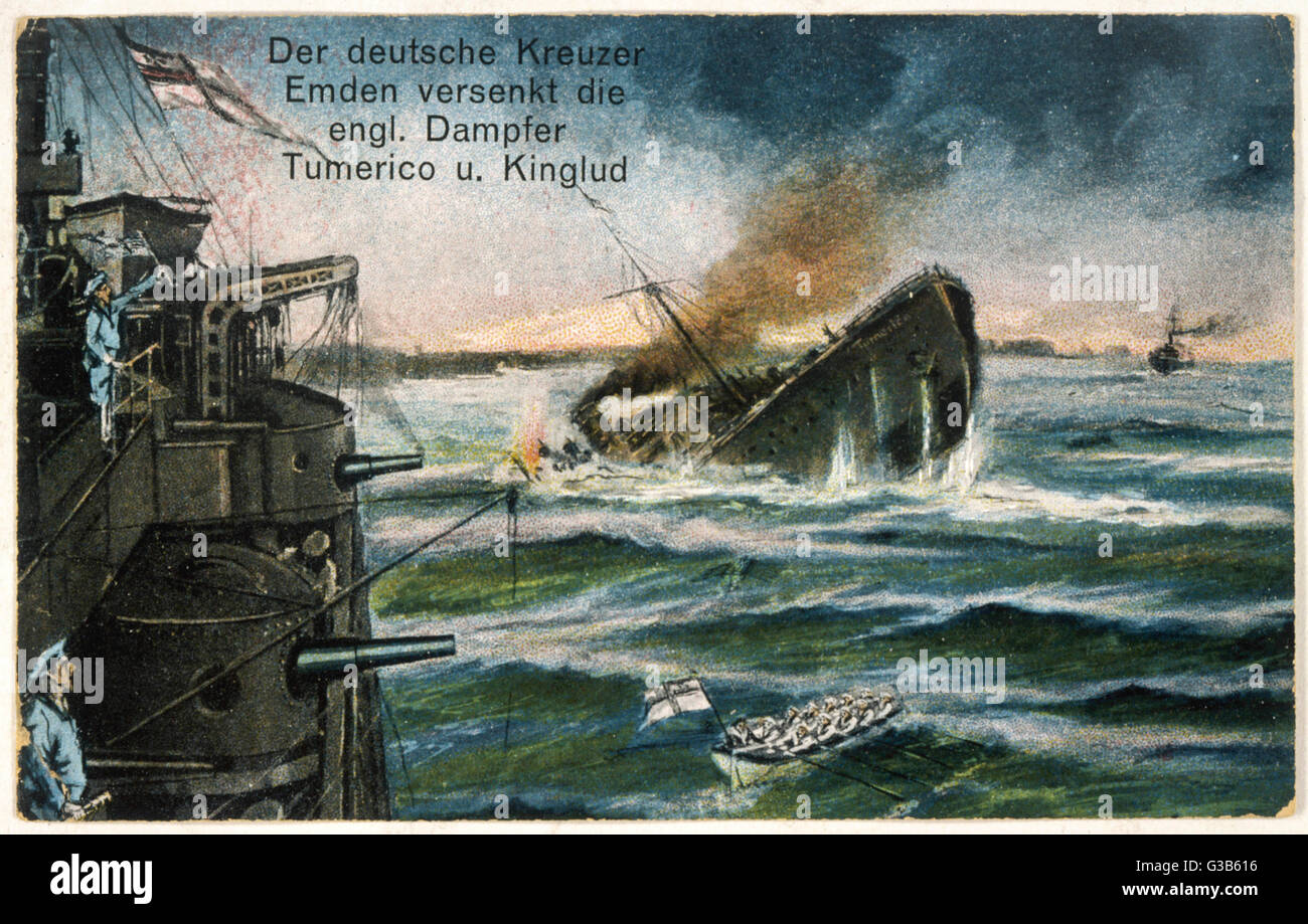 The German raider 'Emden'  sinks two British ships,  'Tumerico' and 'King Lud', but  will herself be sunk by the  Australians in November off  North Keeling Island.     Date: October 1914 Stock Photo