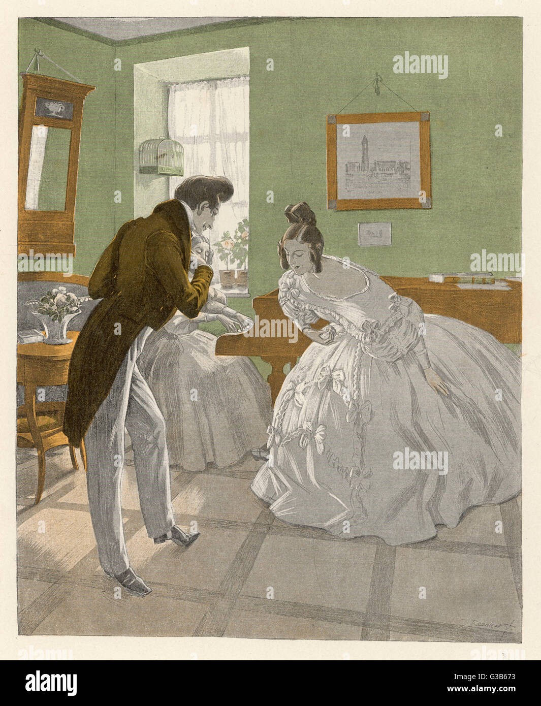 A gentleman of the romantic  era invites a lady to dance :  she accepts his invitation  with a graceful bow.       Date: circa 1840 Stock Photo