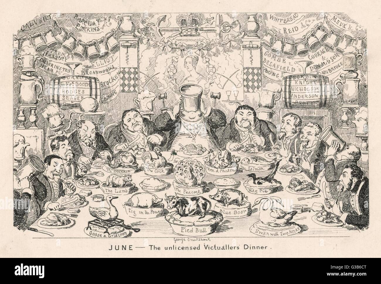 June - The unlicensed  Victuallers' Dinner  Gentlemen tuck into a wide  array of dishes including  peacock, magpie and dolphin     Date: 1841 Stock Photo
