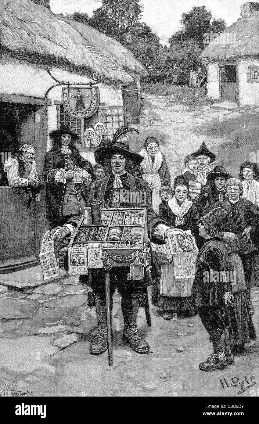 A pedlar (or chapman) shows  his wares to the inhabitants  of a country village.        Date: 17th century Stock Photo