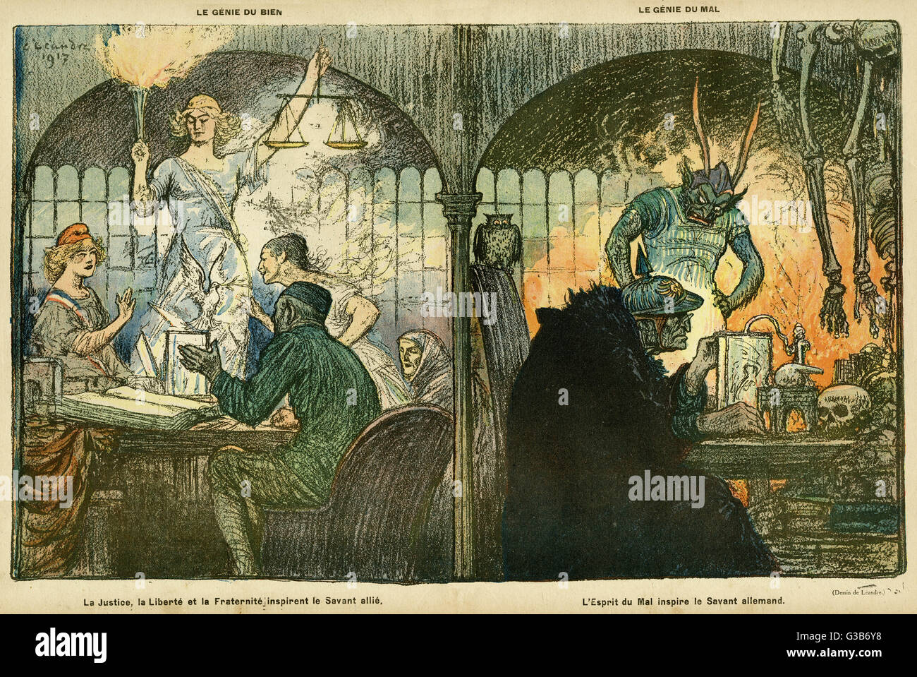 Cartoon, Good and Evil Spirits.  On the left, Justice, Liberty and Brotherhood inspire the French inventor.  On the right, an evil spirit inspires a German inventor.       Date: 1917 Stock Photo