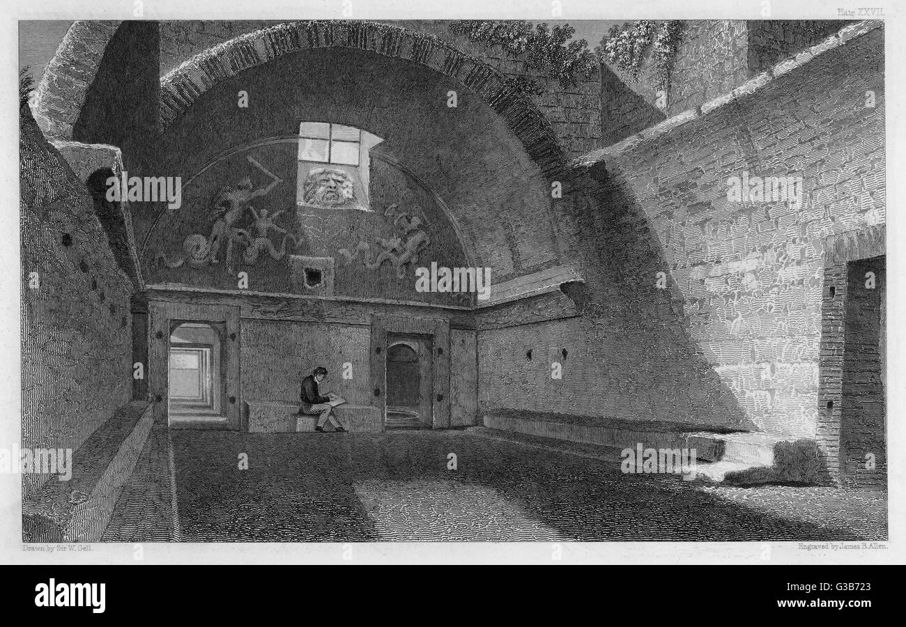 A view of the frigidarium room  uncovered almost intact at  Pompeii. The frigidarium was  the cooling room, containing   a cold pool (picina) seen  through the door on the right.     Date: 1832 Stock Photo