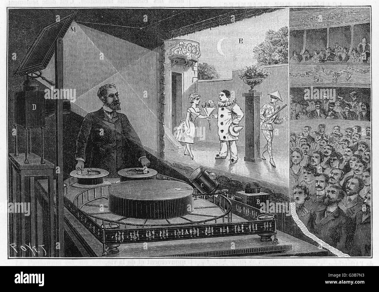 Reynaud's praxinoscope or  'Theatre Optique' gives the  illusion of movement by a  rapid succession of images :  the audience are seated on the  other side of the screen.      Date: 1892 Stock Photo
