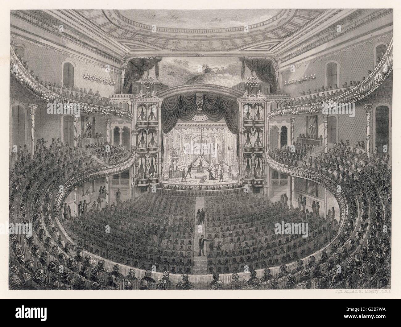 Augustin Daly, American  theatrical manager &amp;  dramatist, opened his first  theatre on Broadway in 1869. This picture shows a full  house enjoying a performance.     Date: 1876 Stock Photo