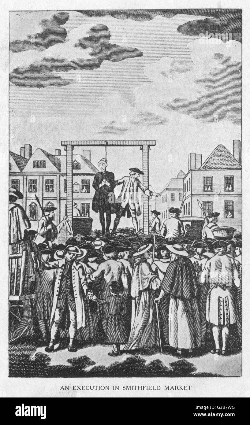 HANGING Public hanging in Smithfield  market in front of a large  crowd.       Date: Eighteenth century Stock Photo