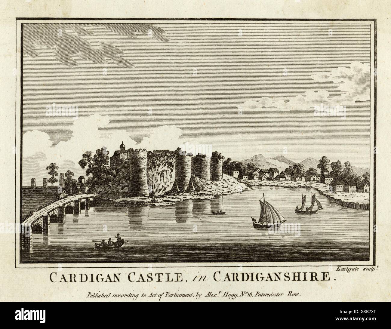 Cardigan Castle, in the town  of Cardigan, Ceredigion.  The castle was finally  destroyed (in part) by  Cromwell in the Civil War.     Date: circa 1770 Stock Photo