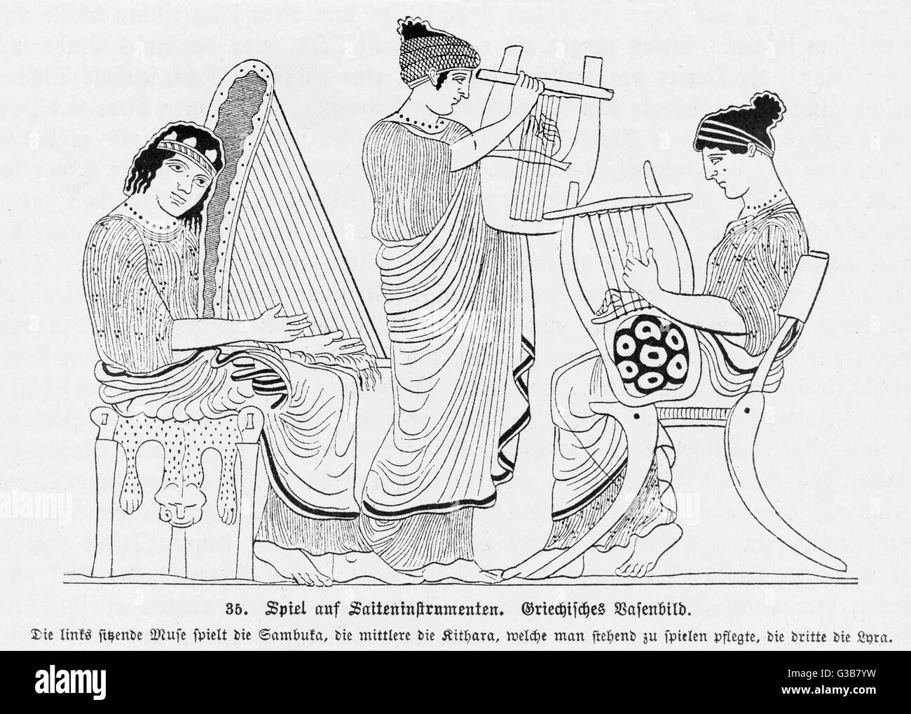 Ancient greek painting on dishes. antique musicians with
