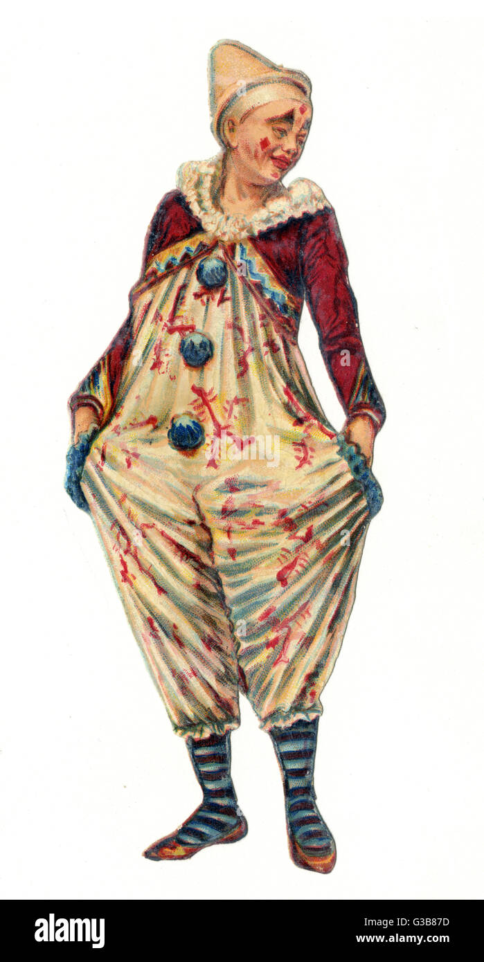 A clown wearing dungarees with  stripey socks.        Date: late 19th century Stock Photo