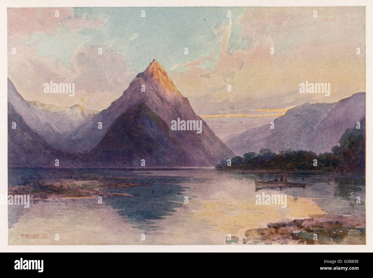 Mitre Peak:  a dramatically pointed  mountain reflected in the water below      Date: 1908 Stock Photo