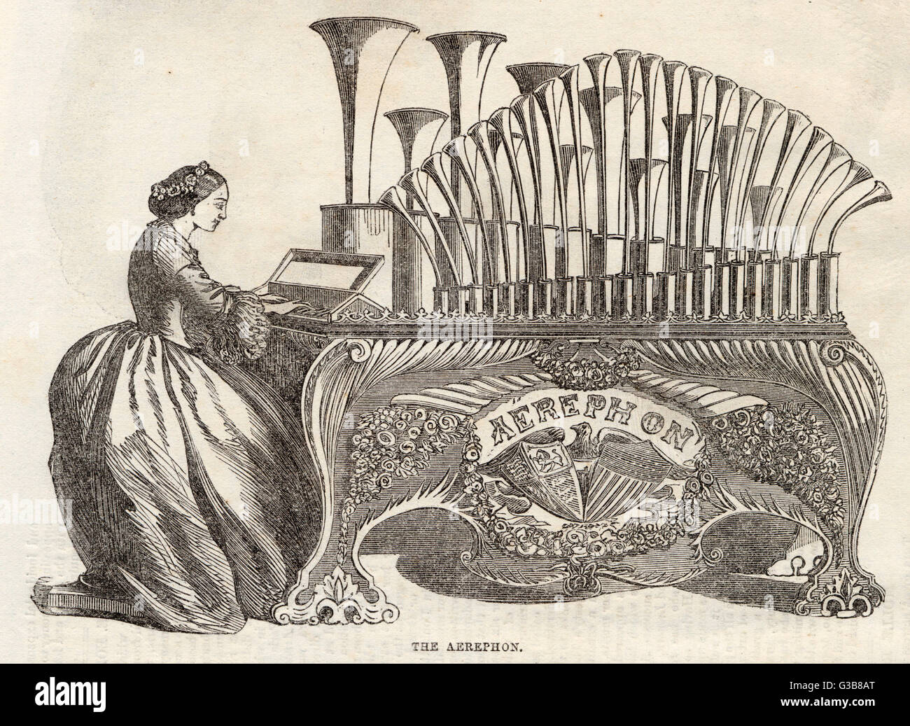Similar to the CALLIOPE, this  American instrument is  basically an organ which uses  steam instead of air : it is  successfully demonstrated at  Cremorne Gardens, London.     Date: 1860 Stock Photo