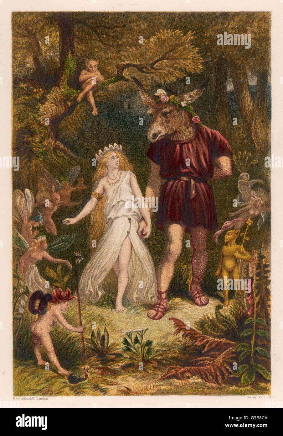 Act IV, Scene I Bottom &amp; Titania; T: &quot;Come, sit thee down upon  this flowery bed/While I thy  amiable cheeks do coy,&quot;     Date: 1880 Stock Photo
