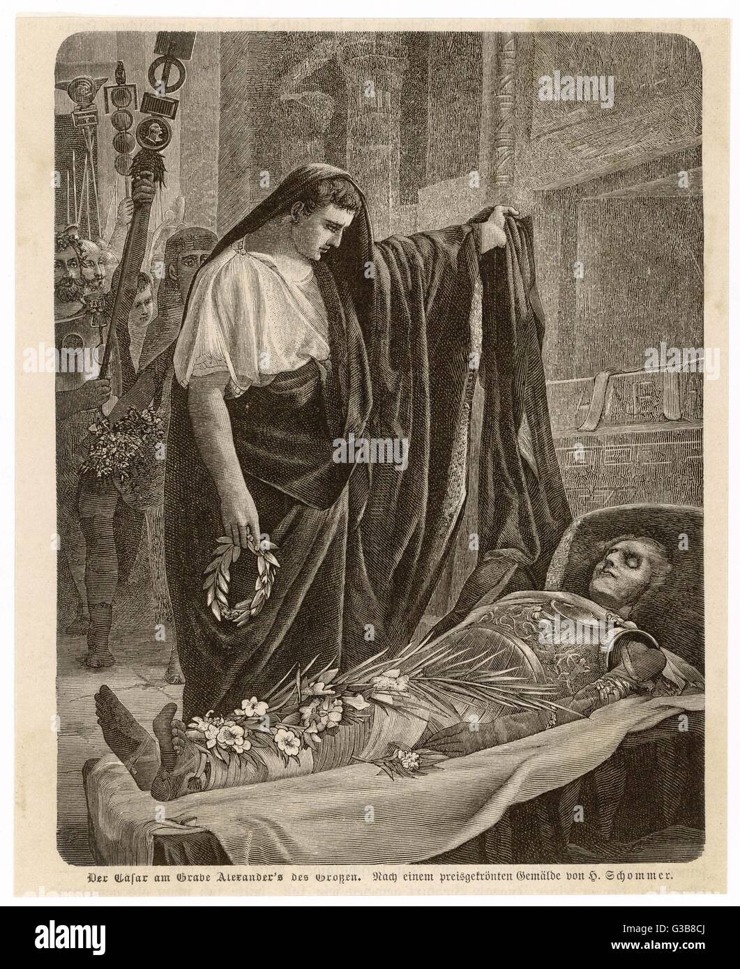 Caesar inspects the mummified corpse of Alexander the Great at his tomb in Alexandria, Egypt