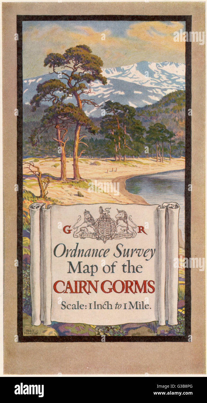 Cover design of an Ordnance Survey Map of the Cairngorms       Date: 1929 Stock Photo