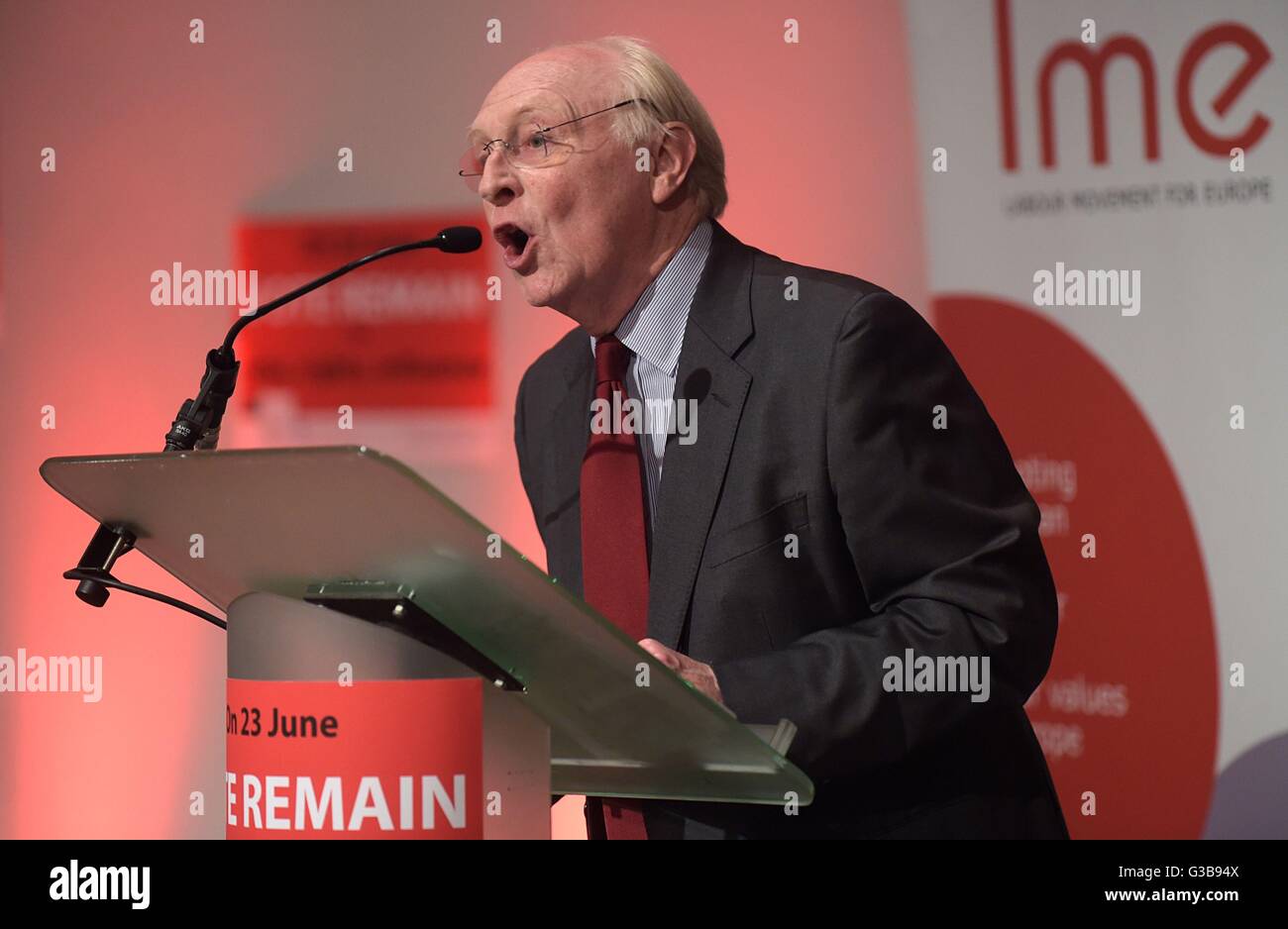 Former Labour leader Neil Kinnock speaks during a Labour Party pro EU rally at the Royal Concert Hall in Glasgow, ahead of the June 23 referendum on Britain's EU membership. Stock Photo