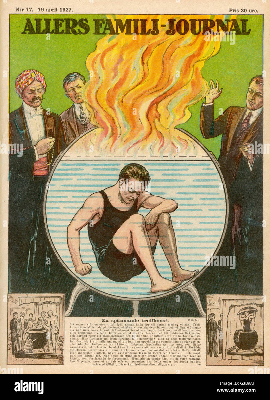 A stage magician performs a  feat of being immersed in fire  and water        Date: 1927 Stock Photo
