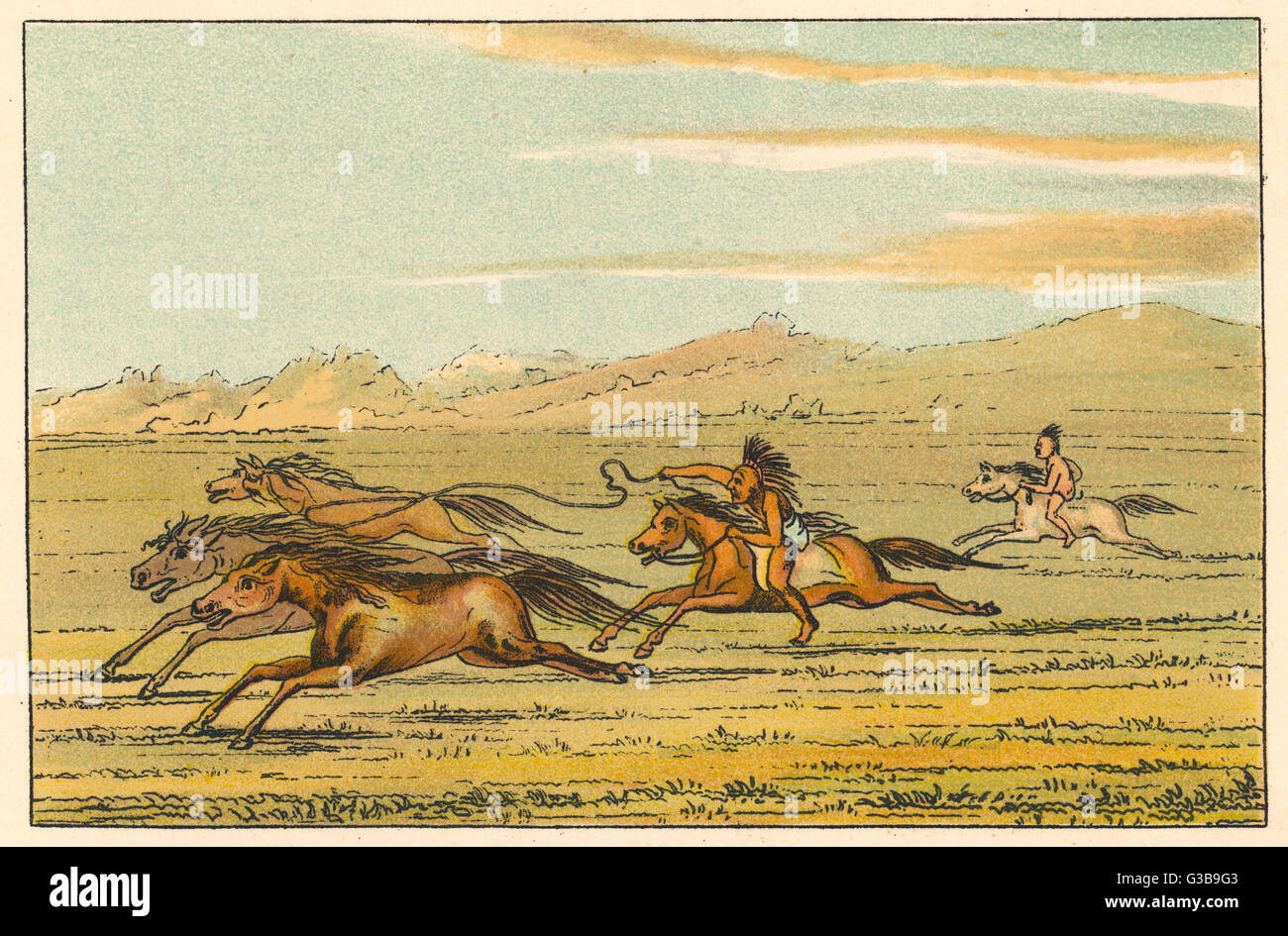 Two Comanche warriors chasing wild horses Date circa 1830 Stock Photo
