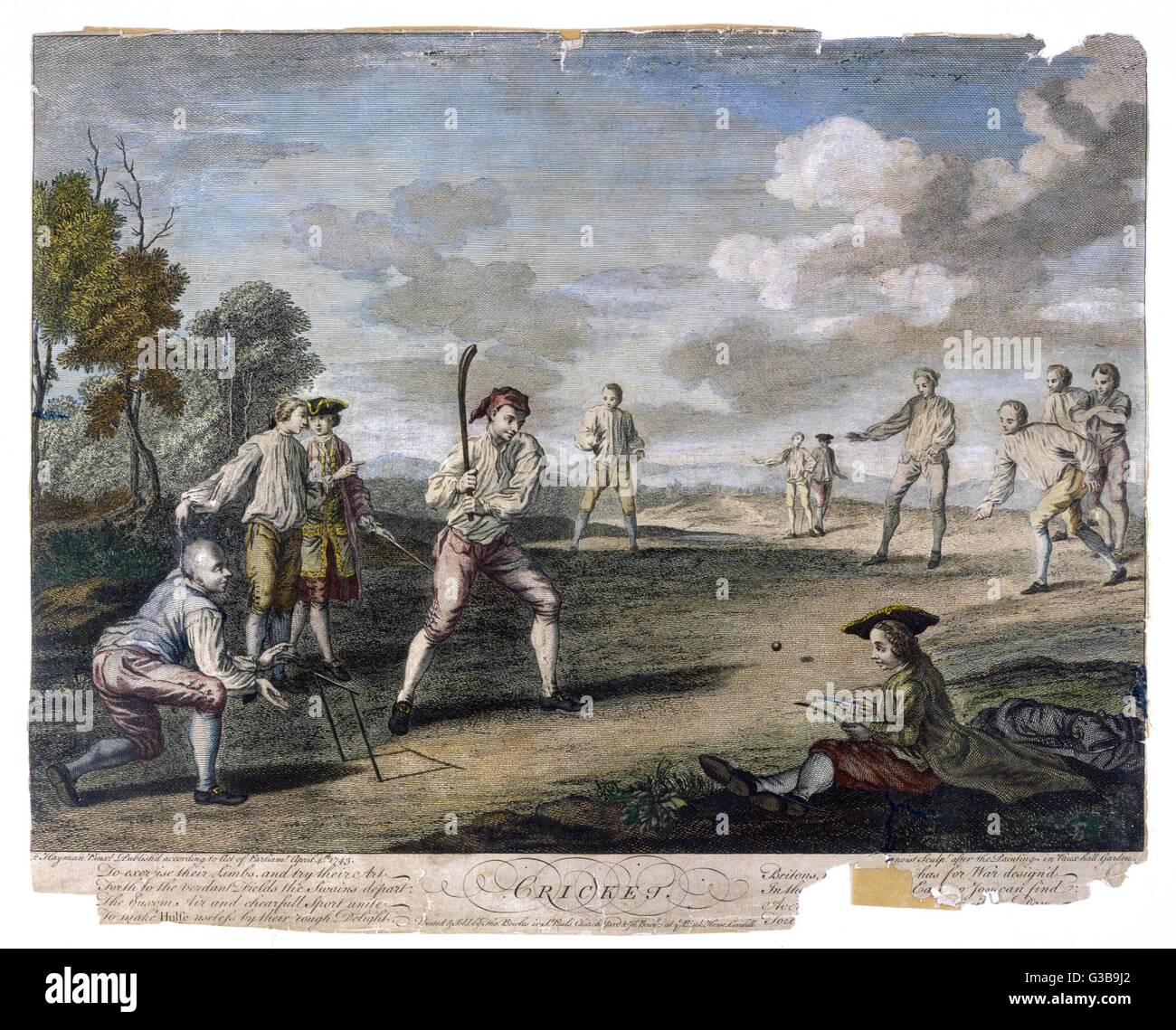A cricket match at the  Artillery Ground, London.  The 18th century bat was a  longer, heavier, curved  version and just one two-stump wicket was used.     Date: 1743 Stock Photo