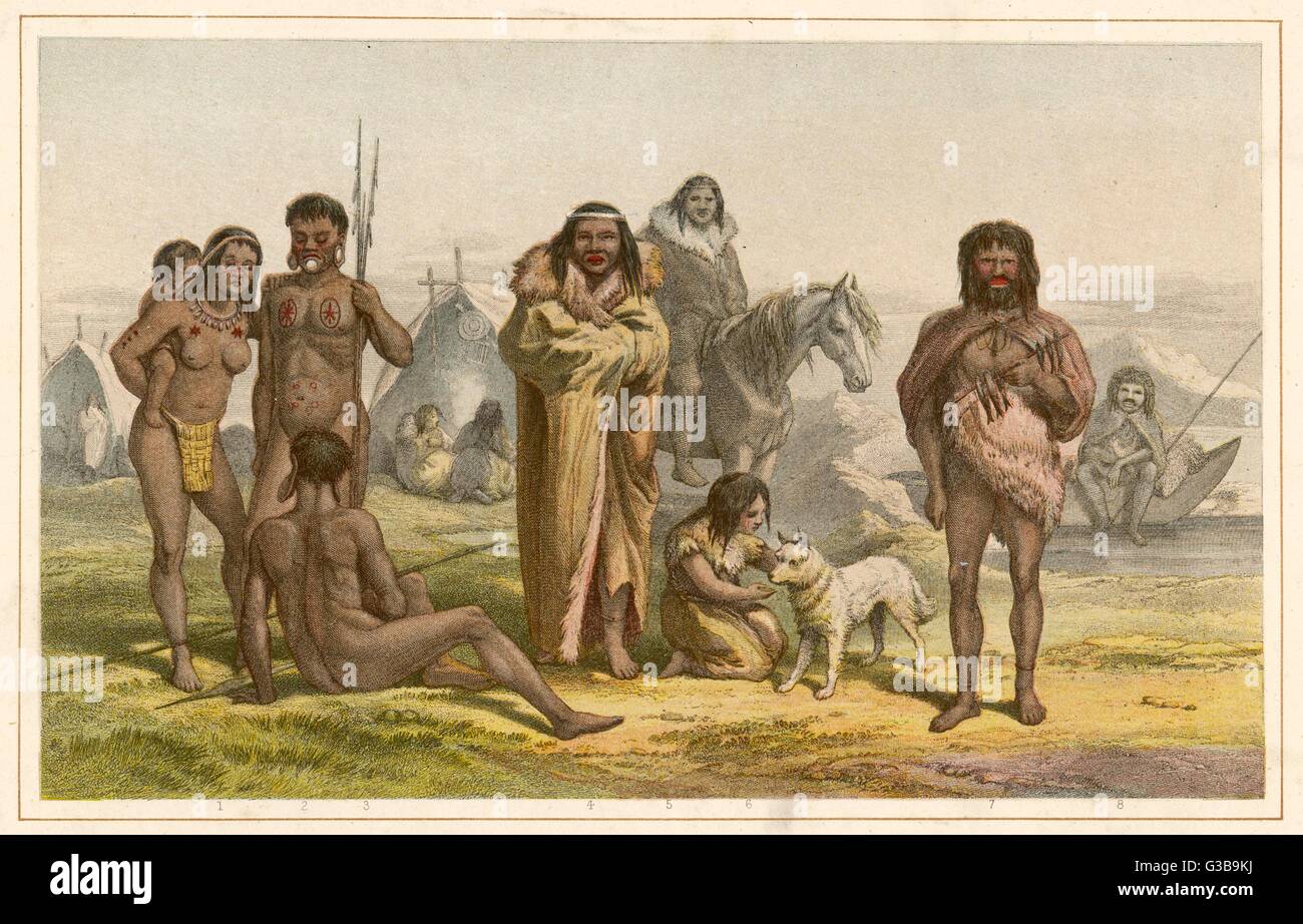 Various native people of  South America:  1-3: Botocudos of Brazil 4-6: Patagonians 7-8: Natives of Tierra del Fuego      Date: 19th century Stock Photo