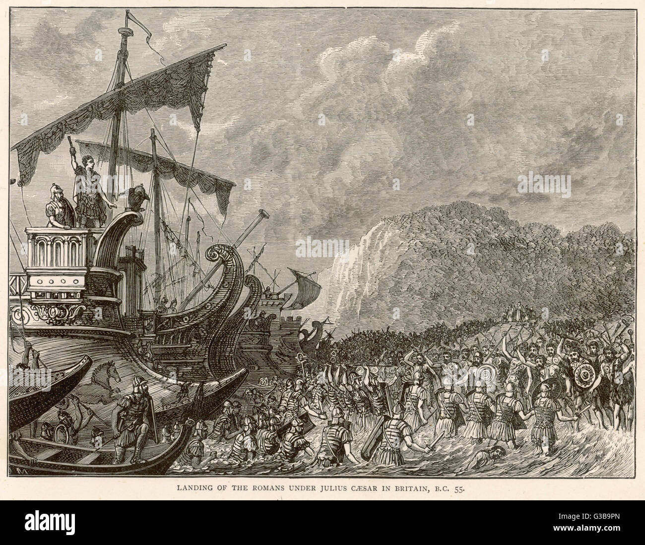 The Roman invasion force, under Julius Caesar, lands in Britain, met by a horde of natives. Date