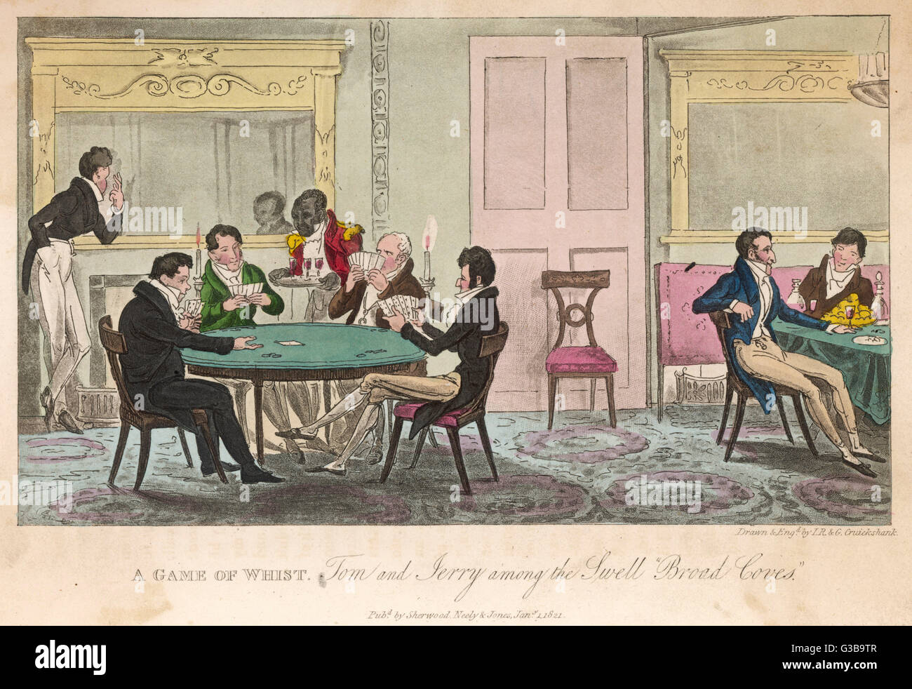 A Game of Whist: Tom and Jerry  among the Swell 'Broad Coves'  - indulging in a hand or two  of cards at a plush  gentleman's club      Date: 1821 Stock Photo