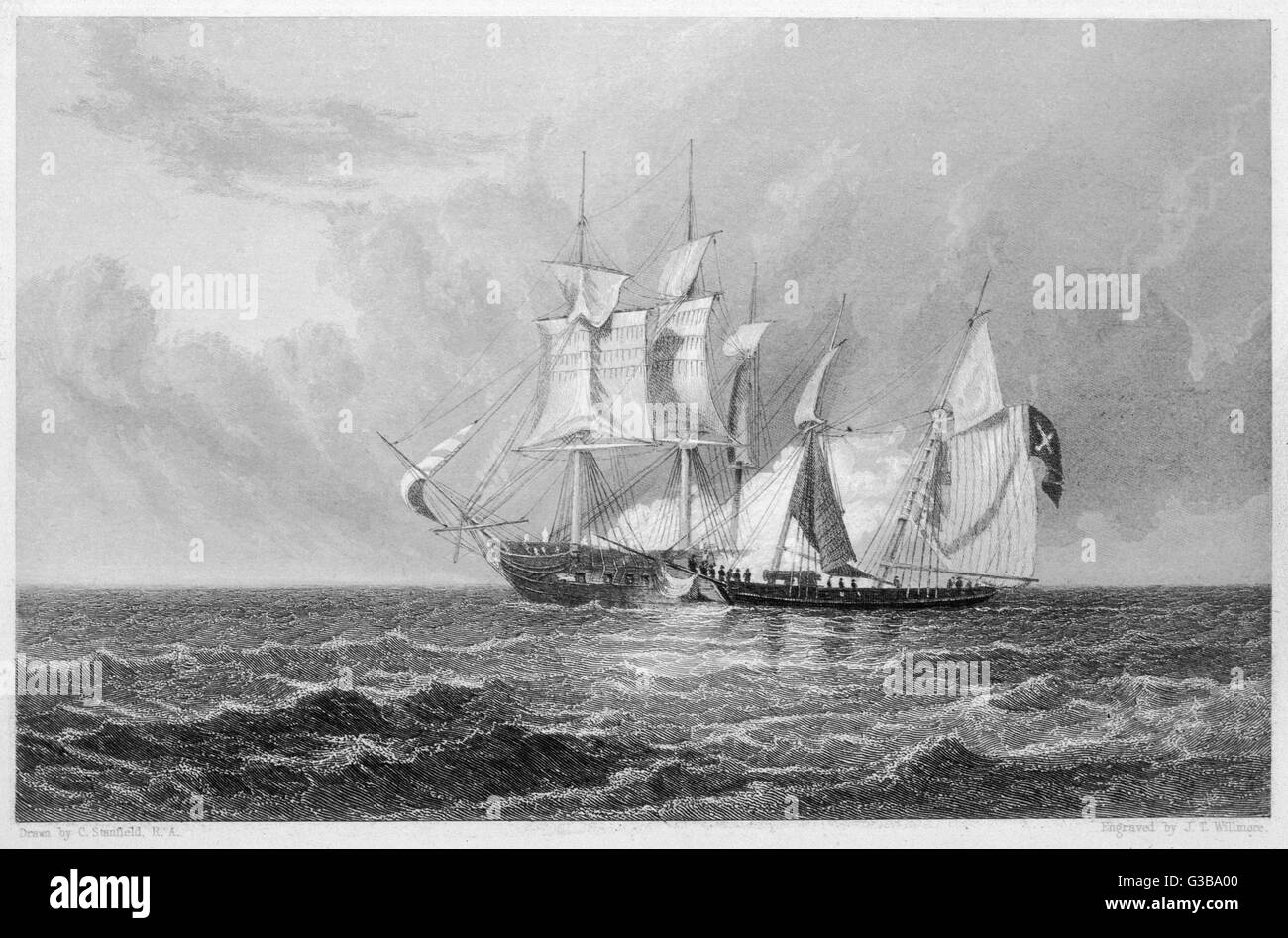 A merchant ship is attacked by  pirates who fly the 'skull and  crossbones' in case there  should be any doubt as to  their intentions.      Date: early 19th century Stock Photo