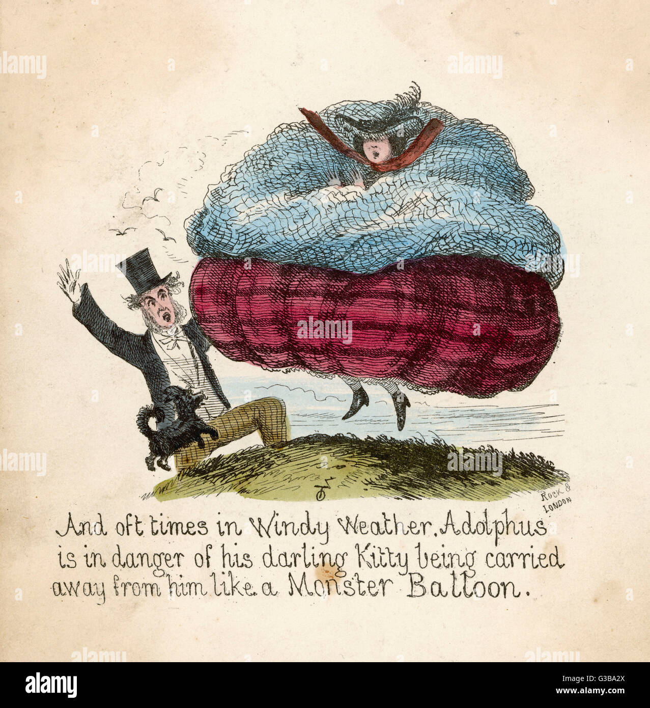 Kitty's cage crinoline is apt  to inflate on windy days and  carry her off like a balloon striking fear and panic into  her, her intended Adolphus and  pet dog Fido.     Date: 1858 Stock Photo