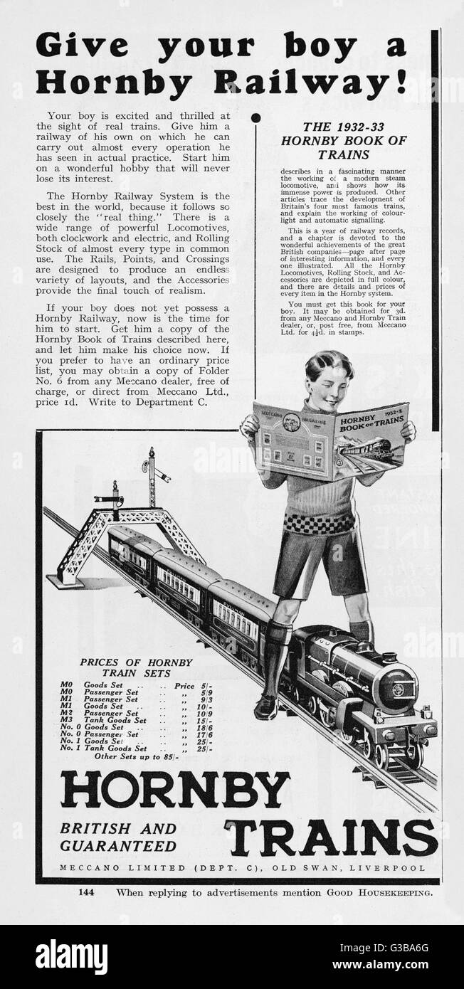 An advertisement for Hornby  model train sets         Date: 1932 Stock Photo