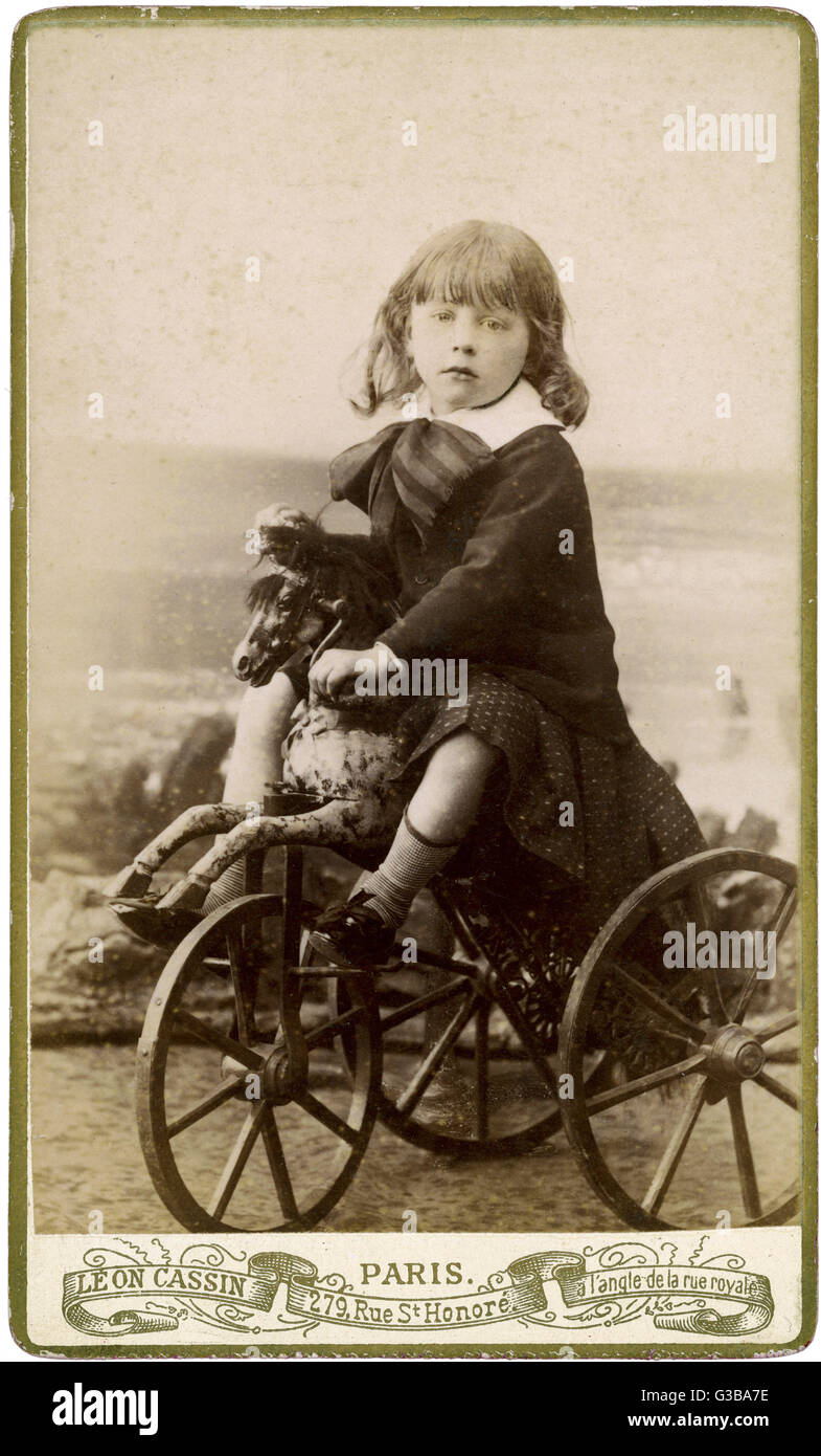 French Carte de Visite of Boy on HorseTricycle Velocipede