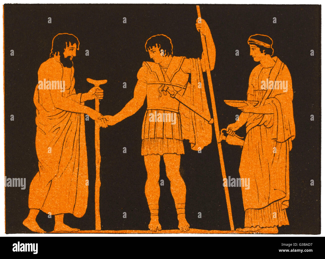 A young Greek warrior takes  leave of his family        Date: circa 5 BC Stock Photo