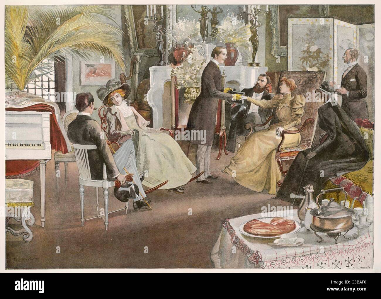 Fashionable people taking five  o'clock tea in a Paris hotel        Date: 1893 Stock Photo