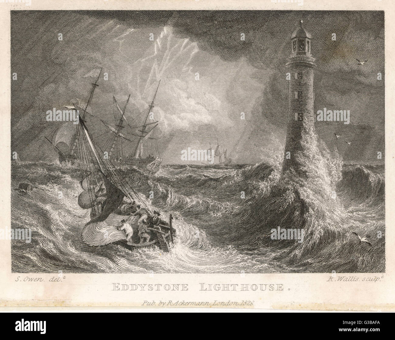 A small boat in a rough sea  sails perilously near  Smeaton's third Eddystone  lighthouse, near Plymouth.       Date: built 1759 Stock Photo