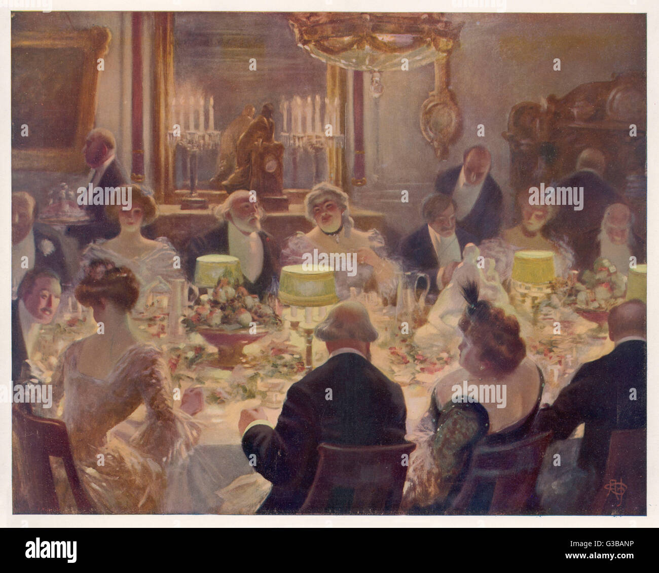 A lavish dinner party takes  place in a French household.         Date: 1904 Stock Photo