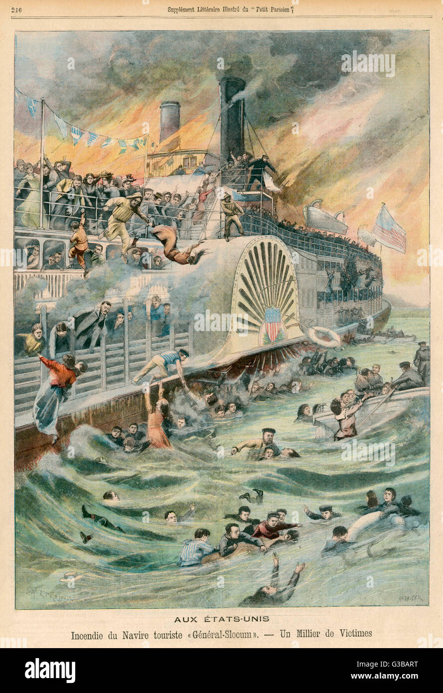 At least 693, mostly women and  children, die when this paddle  steamer, carrying a church  outing, catches fire in New  York's East River, though  only 100 metres from shore.      Date: 1904 Stock Photo