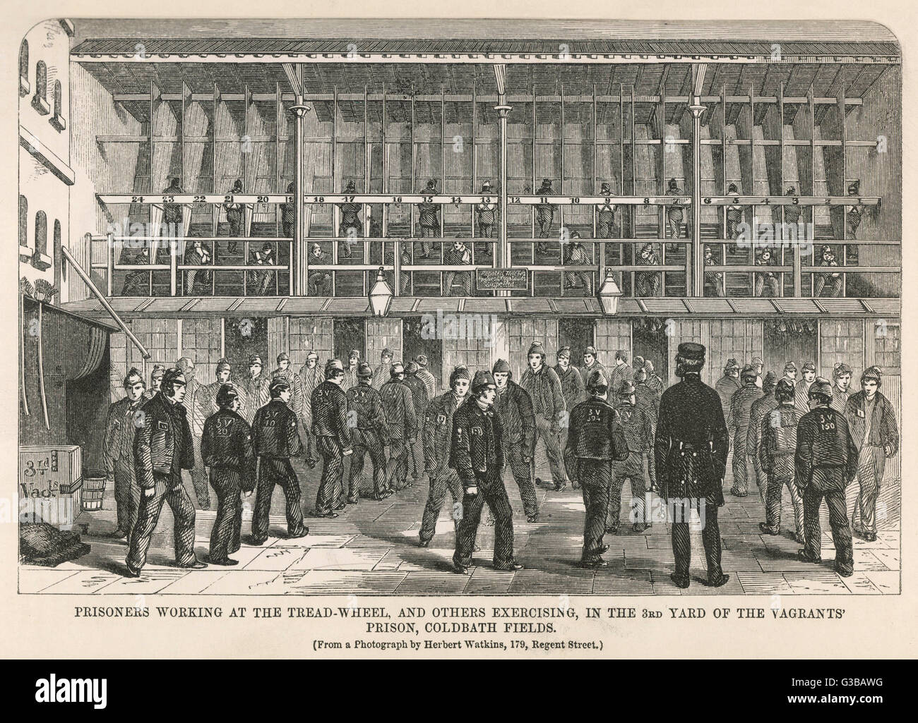 Prisoners working at the treadmill and others exercising in the