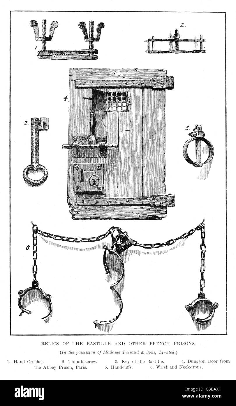 A collection of relics from  the Bastille and other French  prisons, including the prison  door - the portal to pain.       Date: 18th century Stock Photo