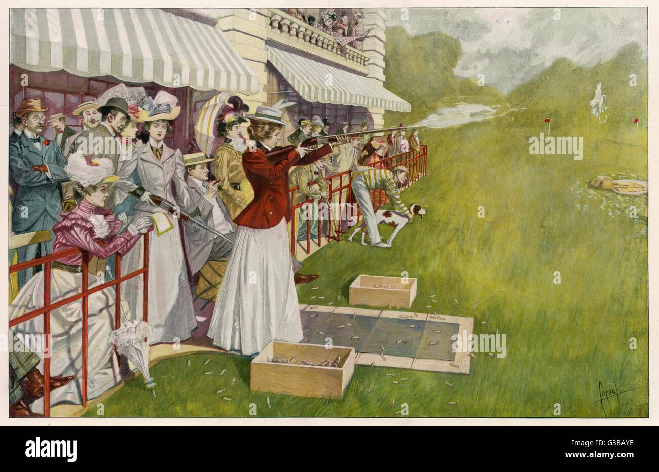 Ladies shooting live pigeons at Monte Carlo     circa 1899 Stock Photo