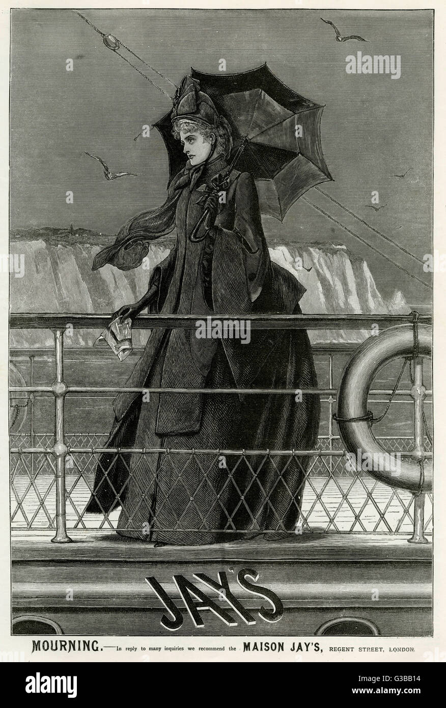 A windswept, forlorn young  widow stands at the ship's  railings - the white cliffs of  Dover behind her. Fashionable mourning dress is courtesy of  Maison Jays, Regent Street.      Date: 1888 Stock Photo