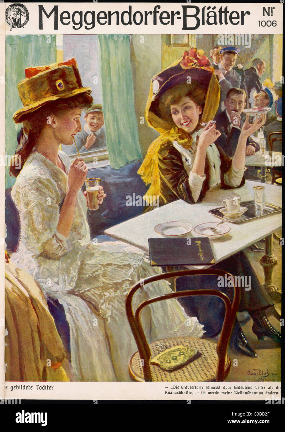 Two ladies wearing enormous  hats pass the time of day in a cafe       Date: 1910 Stock Photo