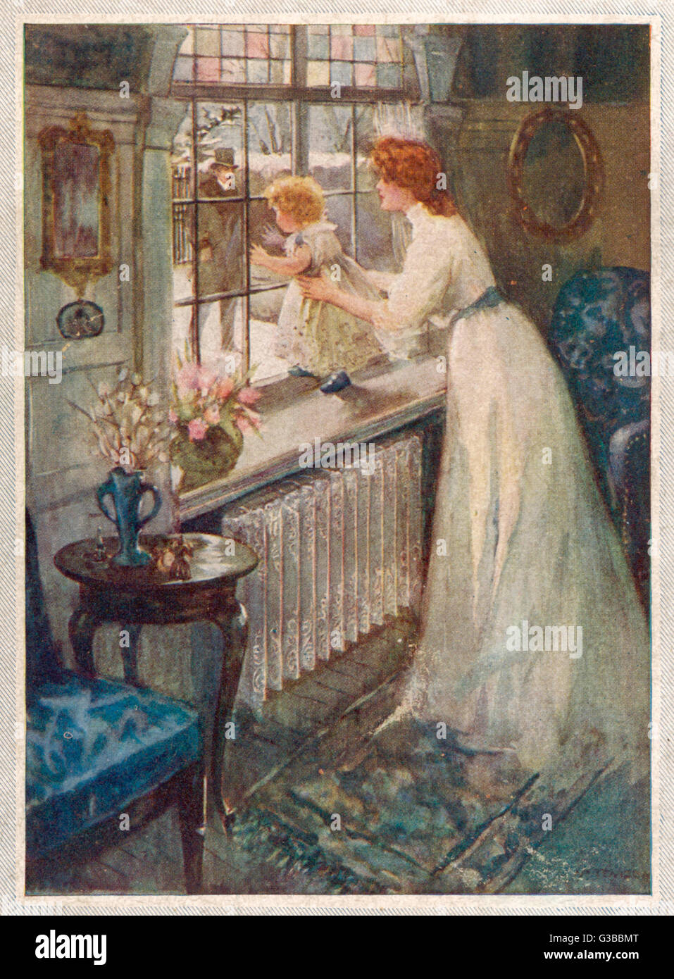 Papa's home:  wife and daughter gaze  with anticipation through  the window      Date: 1907 Stock Photo
