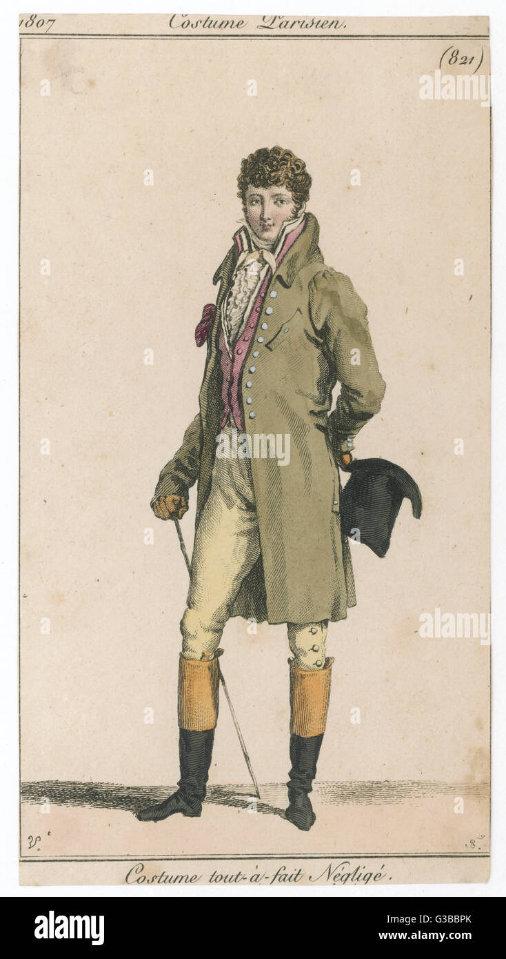 Top hat, pink waistcoat with  stand collar, fawn coloured  frock coat with stand-fall  collar &amp; sleeves gathered at  the shoulder, breeches, top  boots, cravat &amp; handkerchief.     Date: 1807 Stock Photo
