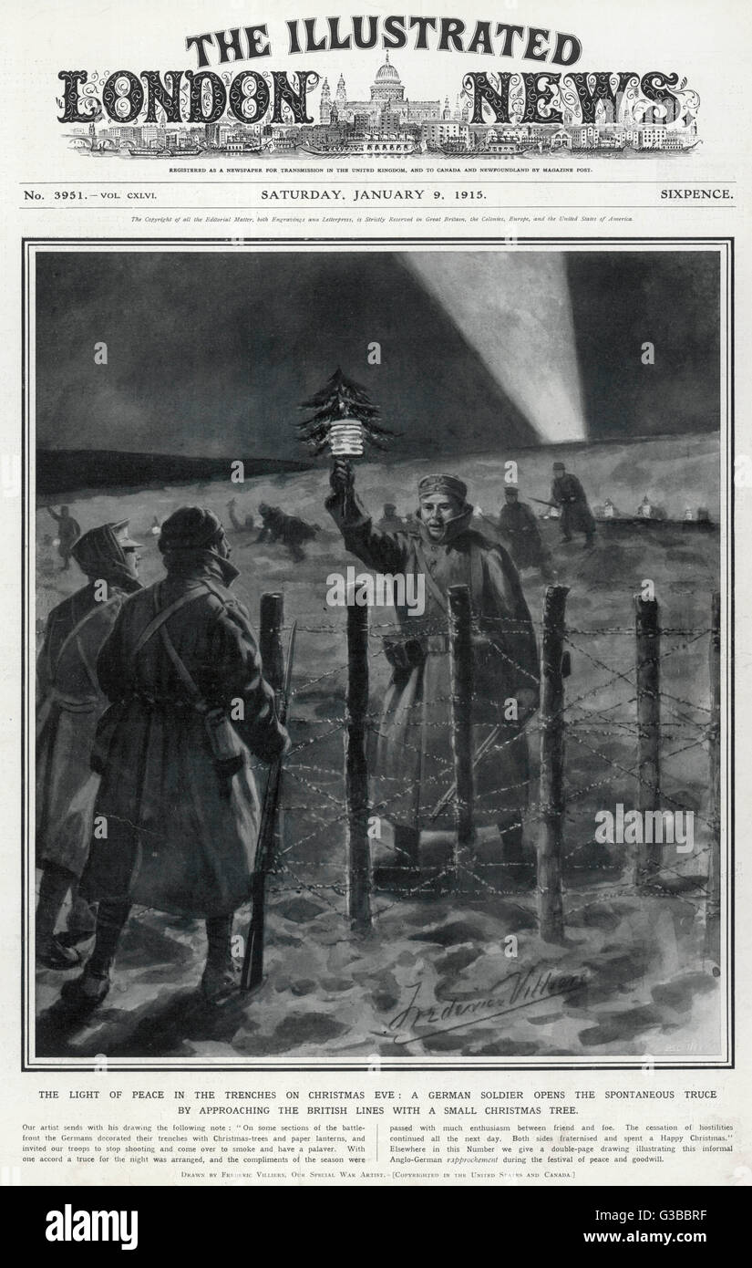 A light of peace in the  trenches on Christmas Eve as a  German soldier approaches the  British lines with a Christmas Tree and small paper lantern.     Date: December 1914 Stock Photo
