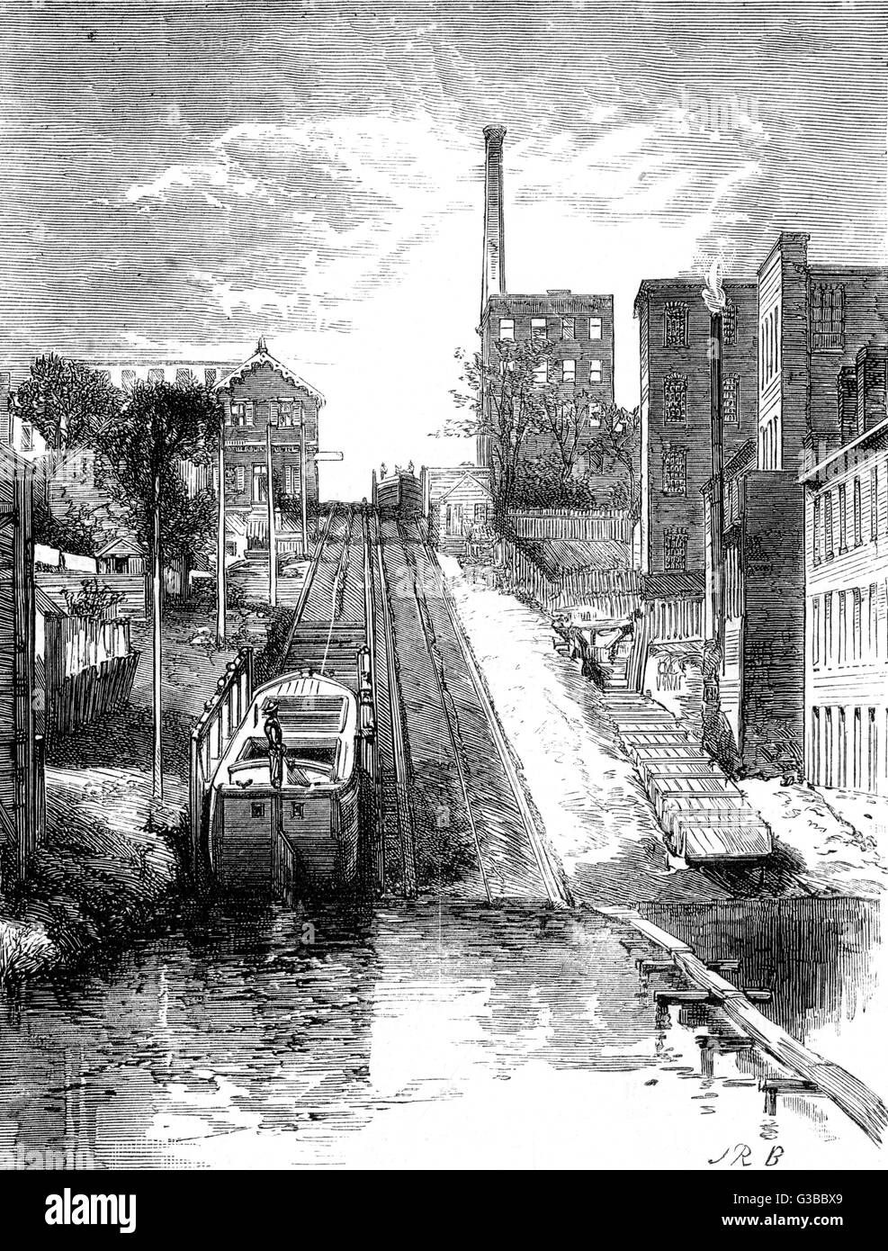 A boat being carried uphill on  an inclined plane on the  Morris canal, New Jersey        Date: 1880 Stock Photo