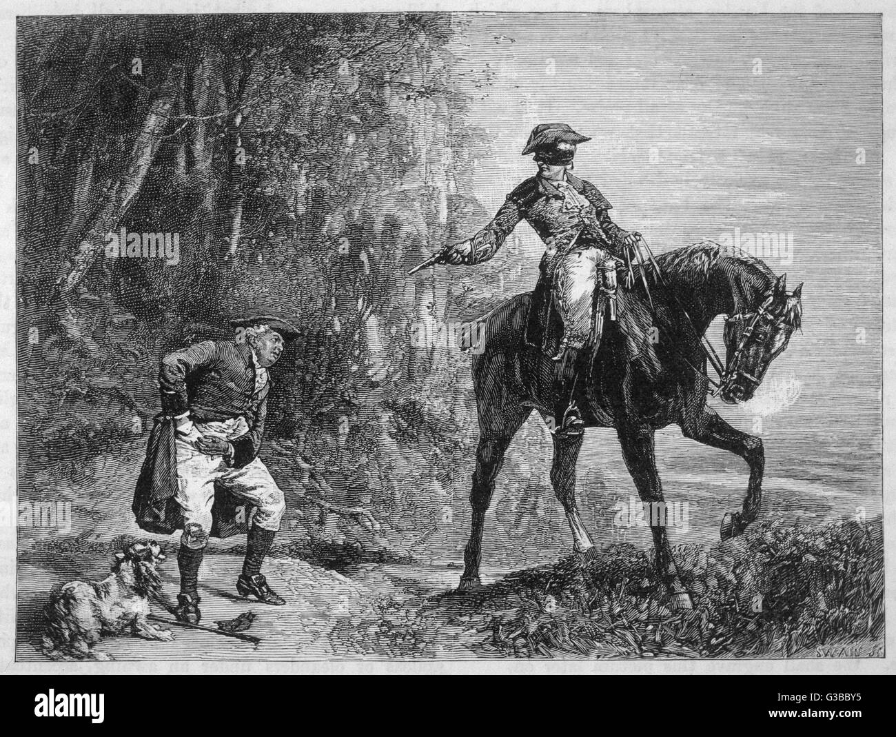 A masked highwayman on  horseback robs a pedestrian         Date: 18th century Stock Photo