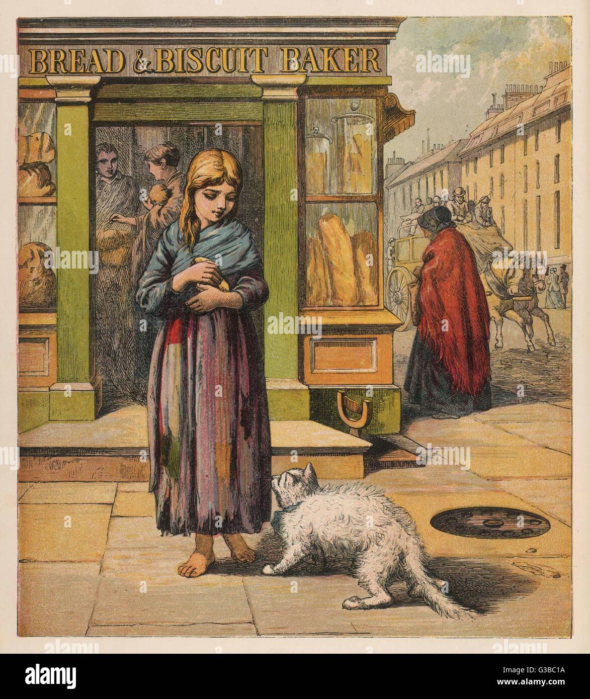 STREET GIRL & CAT 1860S Stock Photo