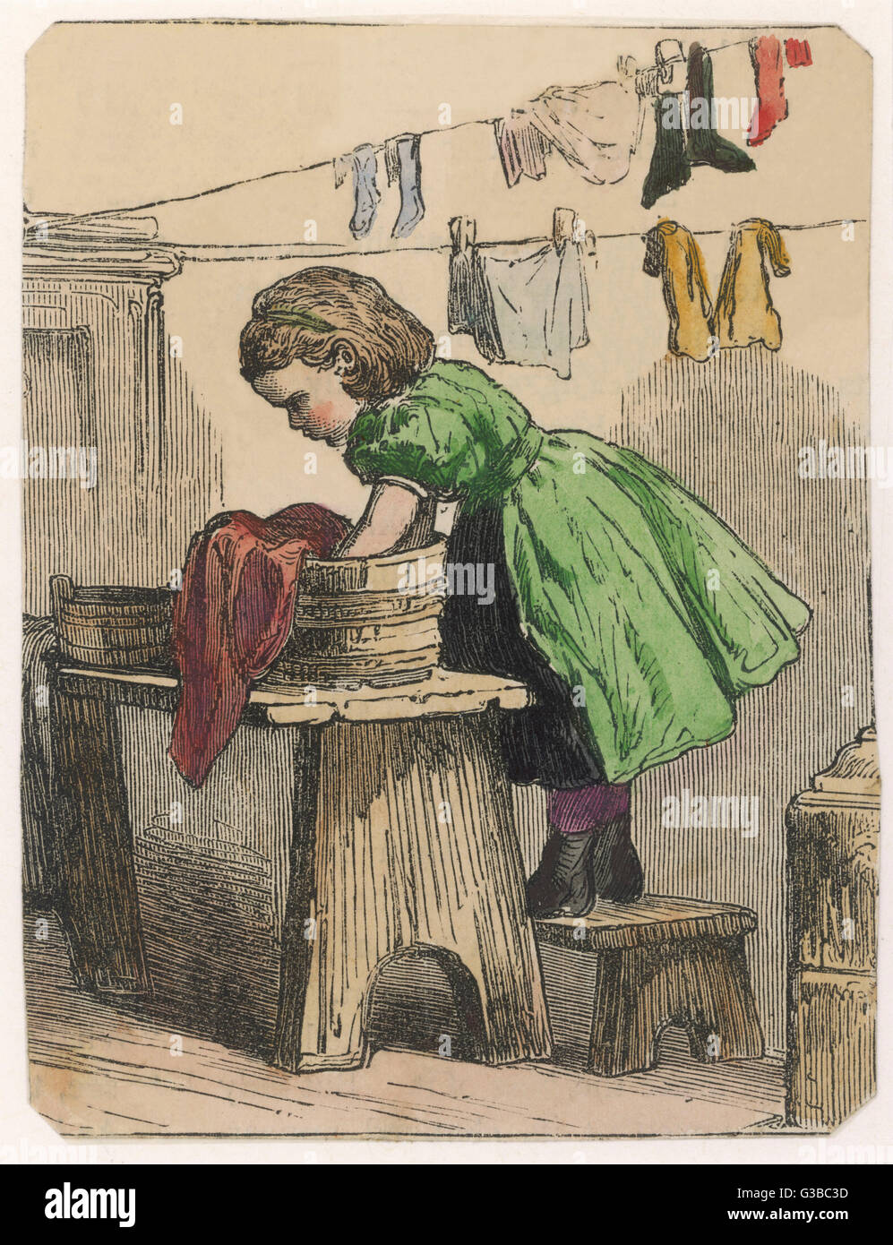 GIRL WASHES CLOTHES 1870 Stock Photo