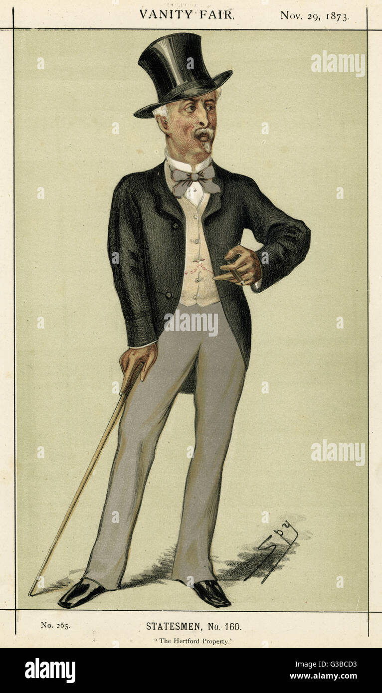 Art Connoisseur Richard  Wallace wears a top hat,  lounging jacket, pale grey  trousers which appear to be  strapped under the instep, a pale waistcoat &amp; necktie.     Date: 1873 Stock Photo